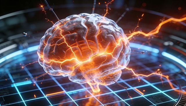 Translucent brain model pulsing with orange electrical arcs over neon holographic grid