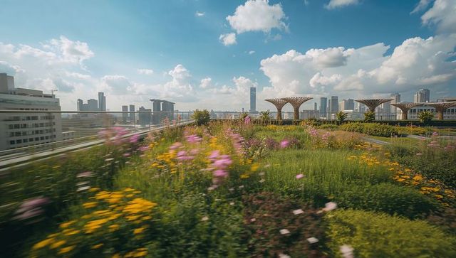 Rooftop wildflower meadow overlooking city skyline, green roof walkway with canopies