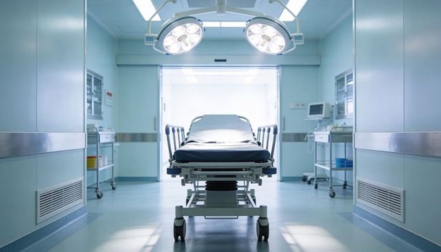 Empty surgical gurney standing in sterile hospital operating bay under led lights