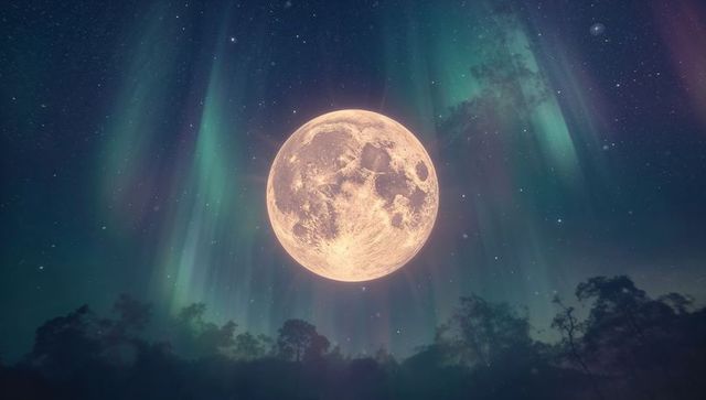 Full Moon Glowing with Aurora Shimmer over Silhouetted Forest