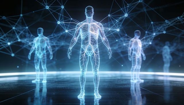 Displaying holographic human anatomy with skeletal and vascular overlays on futuristic network