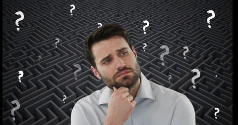 Confused man facing complex maze of decisions
