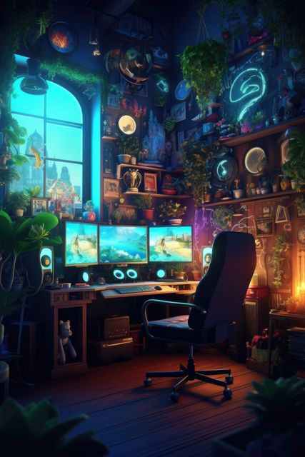 Gaming room featuring triple monitor setup and colorful neon lights provides vibrant, immersive atmosphere for gaming. Room filled with various decorations, plants, posters creates a cozy environment. Ideal for use in articles or ads focused on home office setups, gaming rooms, or interior design inspiration.