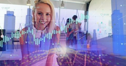 Smiling Businesswoman Analyzing Digital Financial Data in Office