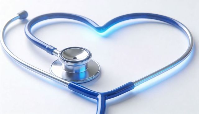 Blue stethoscope forming heart shape representing cardiology, heart health and medical care