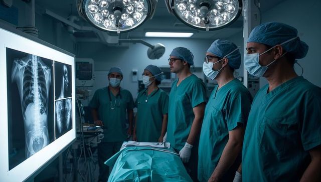 Surgical team studying radiographs before complex surgery in sterile operating room