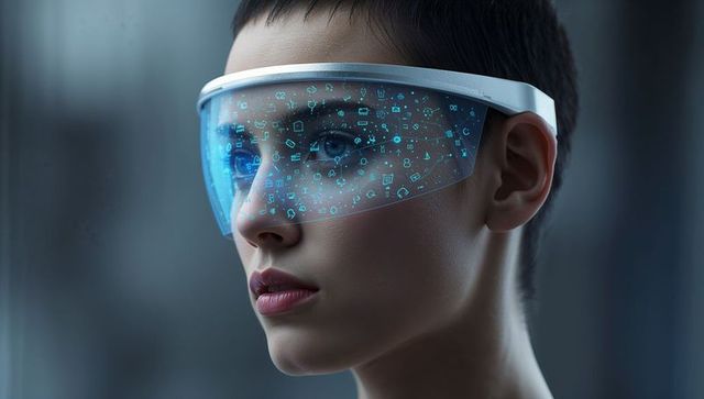 Gazing woman wearing futuristic AR visor with holographic interface, closeup portrait