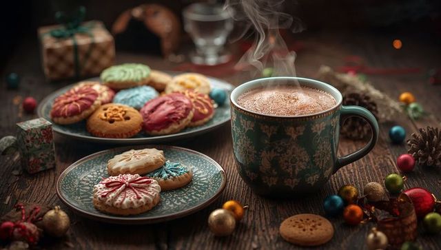 Cozy Holiday Scene with Steaming Mug and Iced Cookies