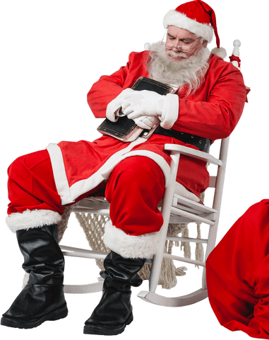 Transparent santa claus sleeping with bible on chair