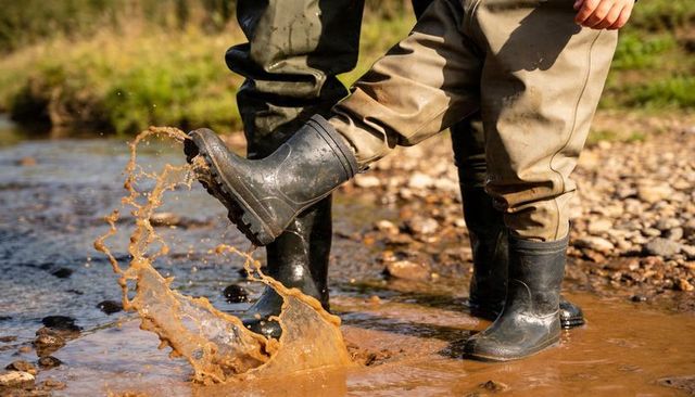 Child kicking muddy water in rubber boots, chest waders, sunlit creek play