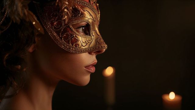 Woman wearing ornate venetian mask illuminated by calming candlelight