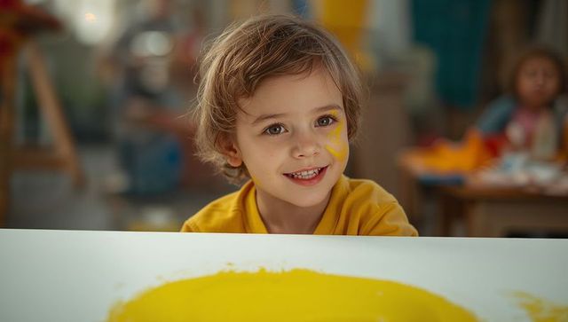 Happy preschool boy with paint in creative art class