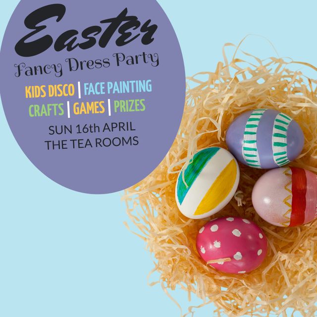 Cheerful and vibrant design perfect for advertising Easter events. Suitable for promoting children's activities, community gatherings, and family-friendly celebrations during the spring season. Ideal for banners, social media posts, and event flyers.