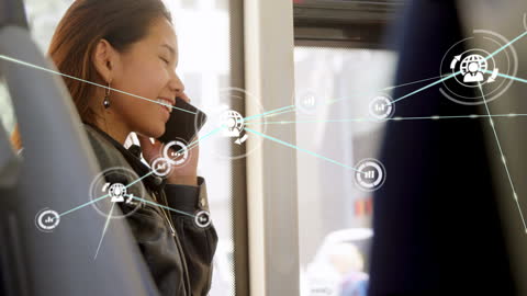 Smiling Woman Using Smartphone with Digital Connections Overlay