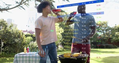 Grilling and drinking in backyard with stock market overlay, friends enjoying summer BBQ