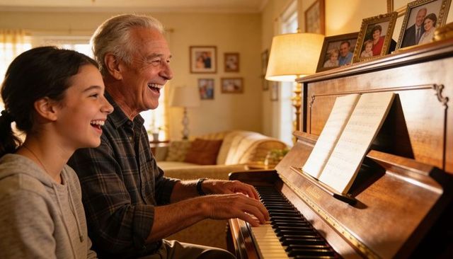 Grandfather guiding granddaughter at piano sharing joyful musical moment in cozy home