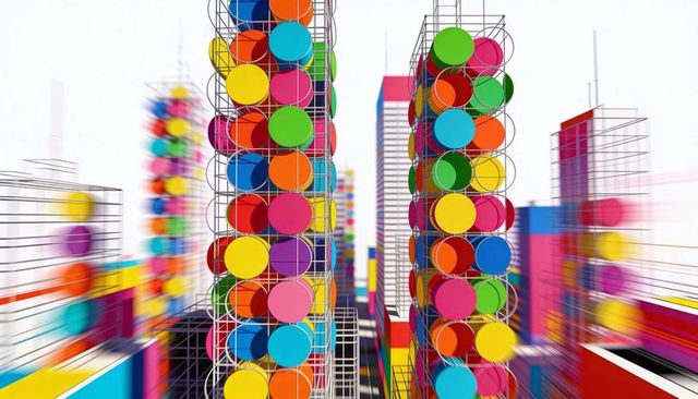 Vibrant cylindrical tower cluster rising in wireframe city layered neon discs abstract