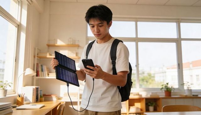 Asian student charging smartphone with portable foldable solar panel in bright study room