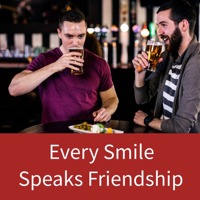 Composite of every smile speaks friendship day text over happy caucasian male friends with drinks. Friendship and happiness concept digitally generated image.