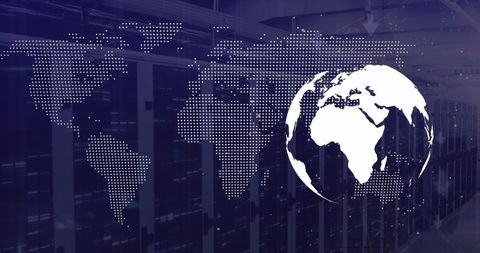 Digital World Map and Globe Overlay on Server Room - Download Free Stock Images Pikwizard.com