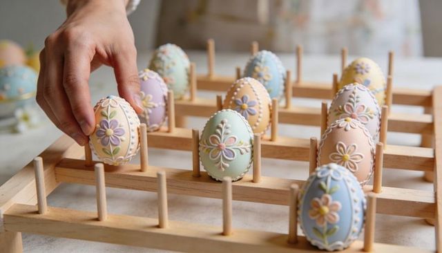 Hand placing piped pastel easter egg on wooden peg rack, floral icing decoration