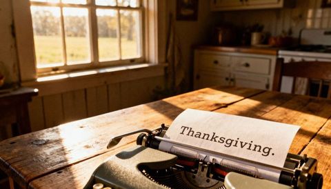 Vintage typewriter typing thanksgiving note on sunlit farmhouse table holiday nostalgia