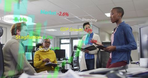 Diverse Team Analyzing Market Data Visual Projections in Modern Office