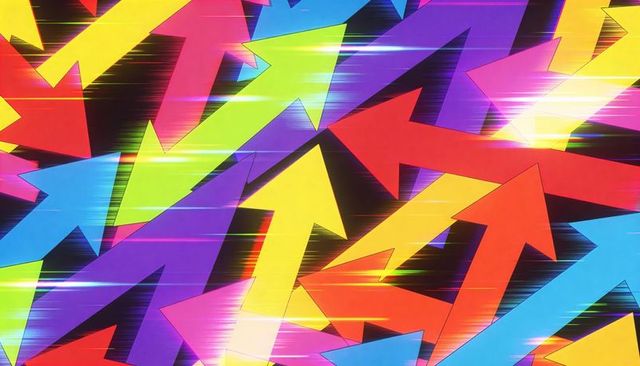 Neon Arrows Racing Upward Glitching with Vibrant Scanline Glow