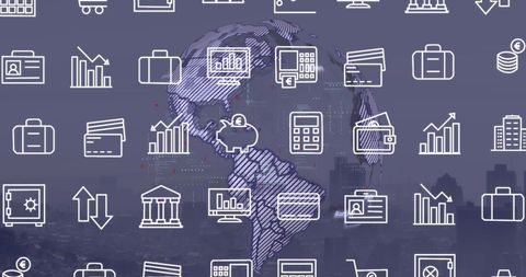 digital finance icons overlay on rotating globe with urban background - Download Free Stock Images Pikwizard.com