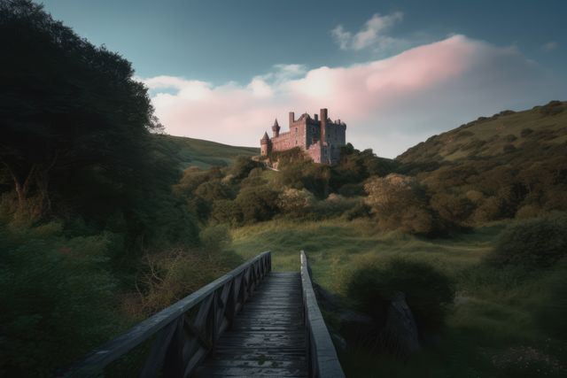 Landscape with bridge with castle, created using generative ai technology. Scenic, nature and fairytale concept digitally generated image.
