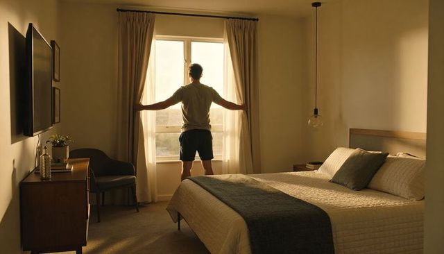 Man opening curtains to warm morning light in minimalist cozy bedroom