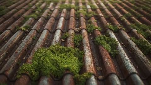 Rusty Rooftop with Moss Showcasing Nature and Decay Over Time