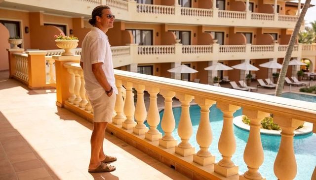 Man standing on balcony overlooking turquoise pool at luxury resort hotel, sunlit vacation