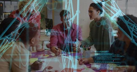 Diverse Team Collaborating in Modern Office Surrounded by Digital Network Imagery