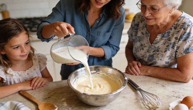 Multigenerational family baking together pouring milk into batter in home kitchen