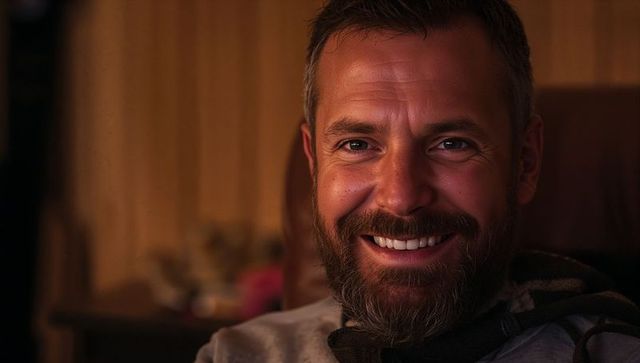 Cozy evening portrait of smiling bearded man in hoodie with warm wooden living room glow