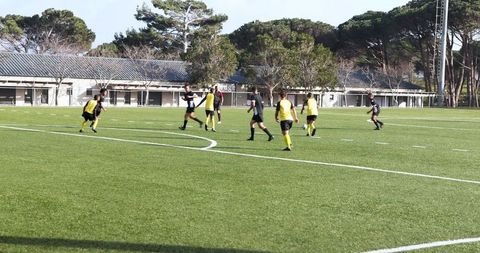 Youth soccer team demonstrating skills on sunny field