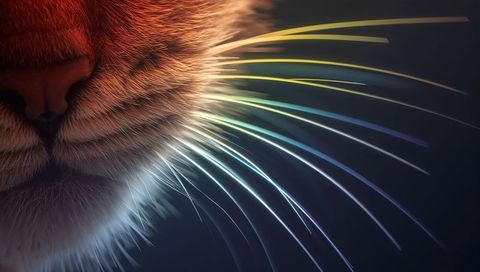 Close-up cat muzzle showing rainbow whiskers, soft orange-white fur and pink nose