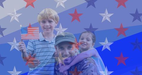 Happy Soldier with Children Celebrating American Patriotism