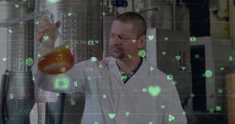 Scientist Analyzing Flask with Overlay of Data Icons