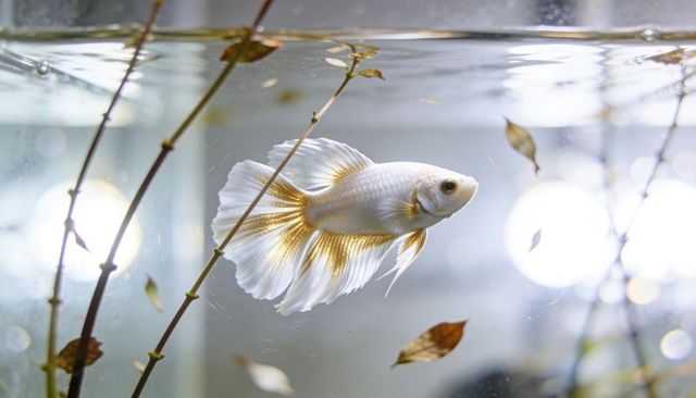 White gold betta fish gliding near water surface in glass aquarium with floating leaves