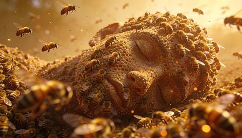 Sleeping human face merging with honeycomb covered by bees and golden pollen