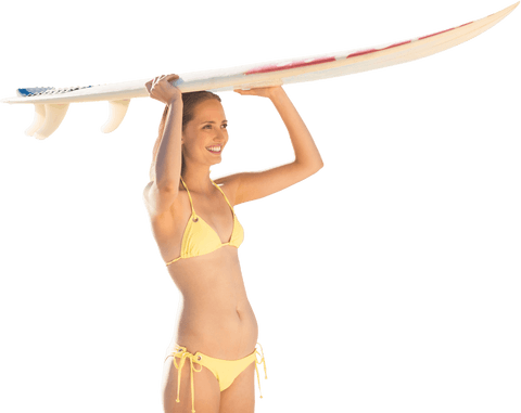Woman Holding Surfboard in Yellow Bikini on Transparent Background