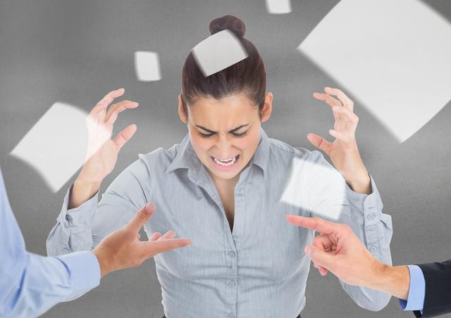 Businesswoman experiencing stress and frustration in workplace, surrounded by blaming hands and flying documents. Useful for illustrating workplace conflict, stress management, corporate pressure, and mental health in professional settings.