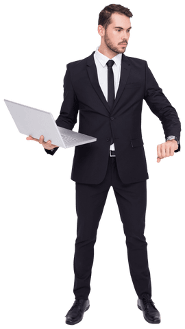 Transparent Businessman in Suit Holding Laptop and Checking Time - Download Free Stock Videos Pikwizard.com