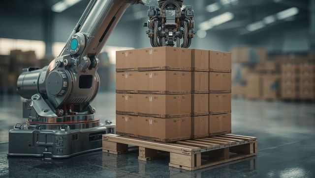 Robotic arm managing warehouse boxes with precision