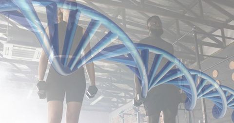 Gym partners holding hex dumbbells with dna helix overlay conveying fitness and genetics