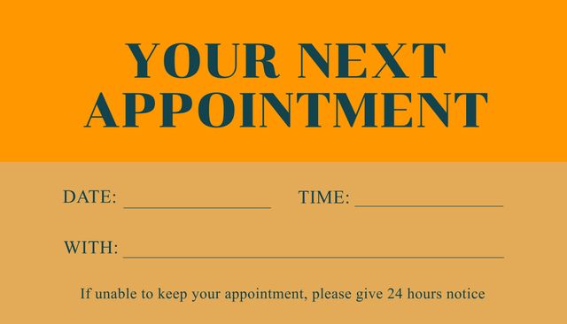 This editable next appointment card template features a clean design with bold text. Space is provided for writing the date, time, and the name of the professional for whom the appointment is scheduled. The bottom includes a note requesting 24-hour notice for changes or cancellations. Perfect for medical offices, business appointments, and other professional settings. Ideal for keeping track of important dates and ensuring appointments are not missed.