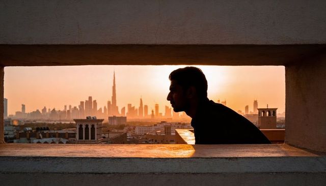 Leaning man gazing at dubai skyline at sunset through rooftop frame