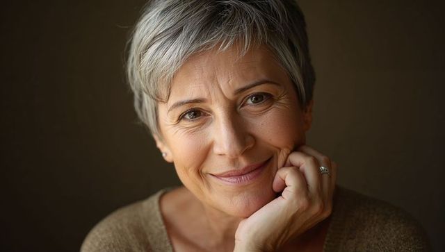 Smiling mature woman with gray short hair resting chin on hand intimate closeup headshot